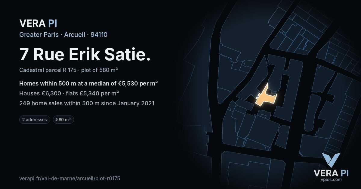 7 Rue Erik Satie, Arcueil at night – the plot lit, the parcels around coloured by the prices near them