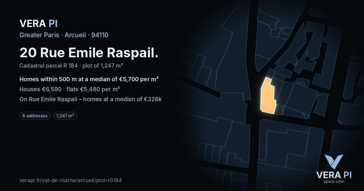 20 Rue Emile Raspail, Arcueil at night – the plot lit, the parcels around coloured by the prices near them
