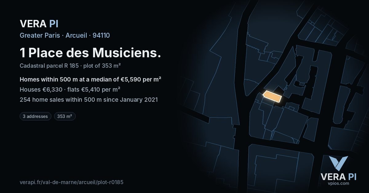 1 Place des Musiciens, Arcueil at night – the plot lit, the parcels around coloured by the prices near them