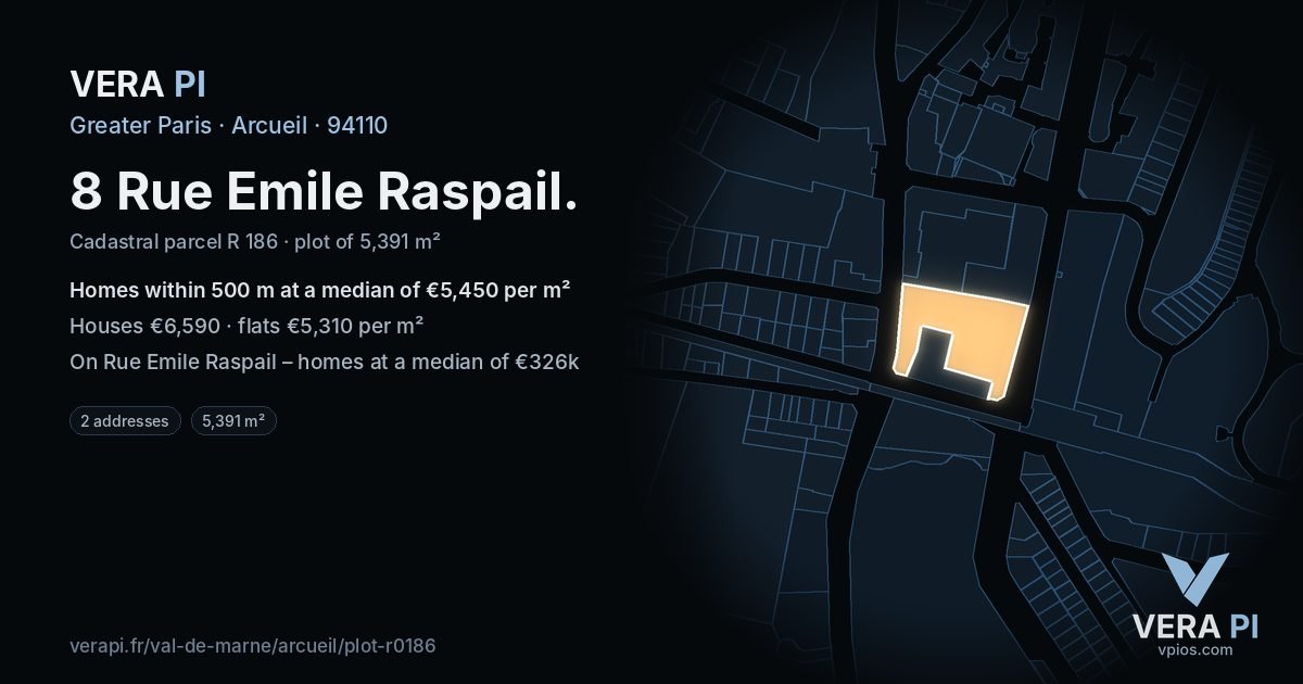 8 Rue Emile Raspail, Arcueil at night – the plot lit, the parcels around coloured by the prices near them