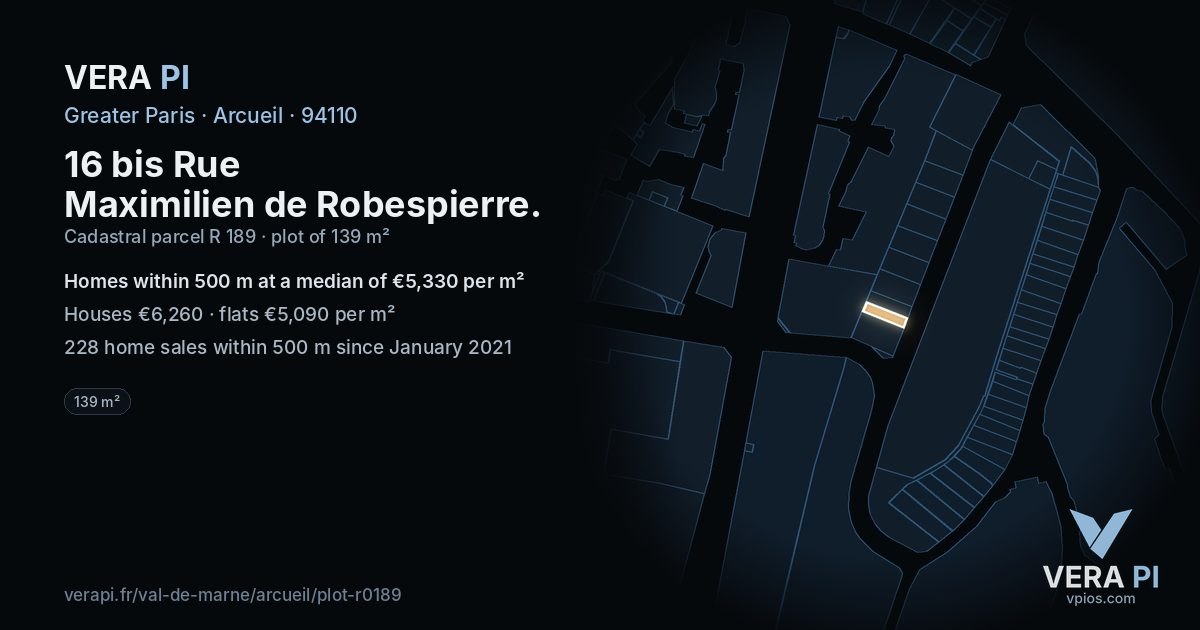 16 bis Rue Maximilien de Robespierre, Arcueil at night – the plot lit, the parcels around coloured by the prices near them