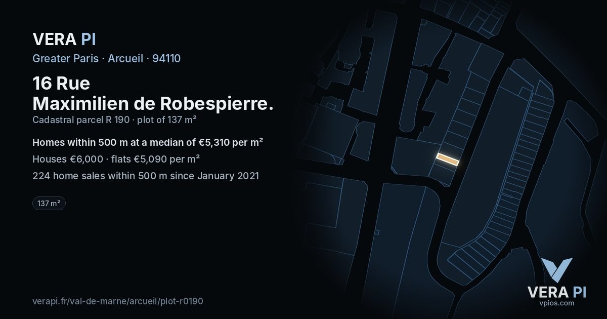 16 Rue Maximilien de Robespierre, Arcueil at night – the plot lit, the parcels around coloured by the prices near them