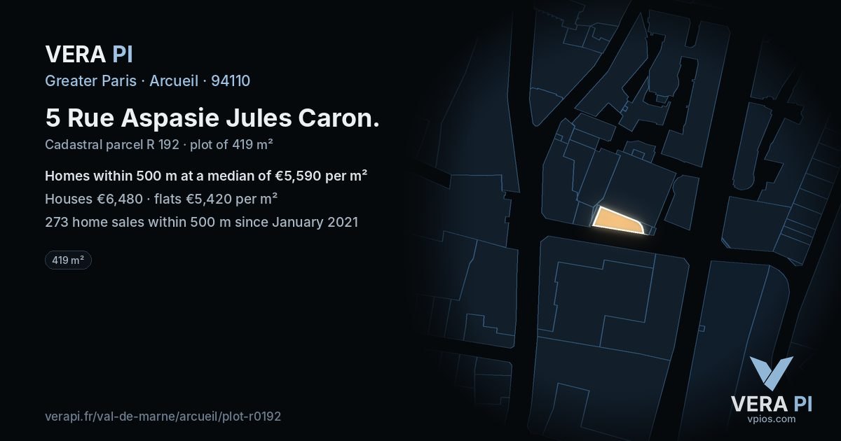 5 Rue Aspasie Jules Caron, Arcueil at night – the plot lit, the parcels around coloured by the prices near them