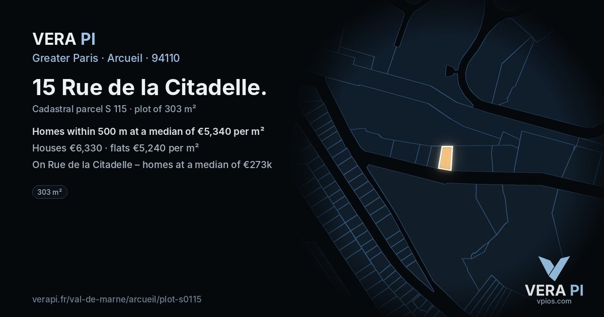 15 Rue de la Citadelle, Arcueil at night – the plot lit, the parcels around coloured by the prices near them