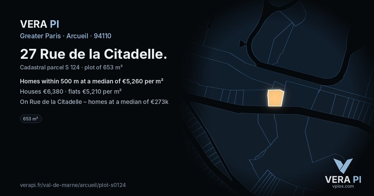 27 Rue de la Citadelle, Arcueil at night – the plot lit, the parcels around coloured by the prices near them