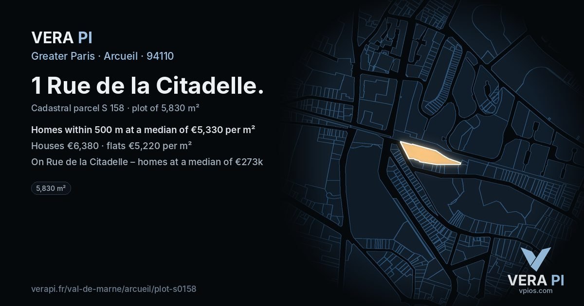 1 Rue de la Citadelle, Arcueil at night – the plot lit, the parcels around coloured by the prices near them