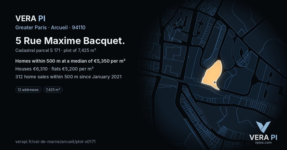 5 Rue Maxime Bacquet, Arcueil at night – the plot lit, the parcels around coloured by the prices near them