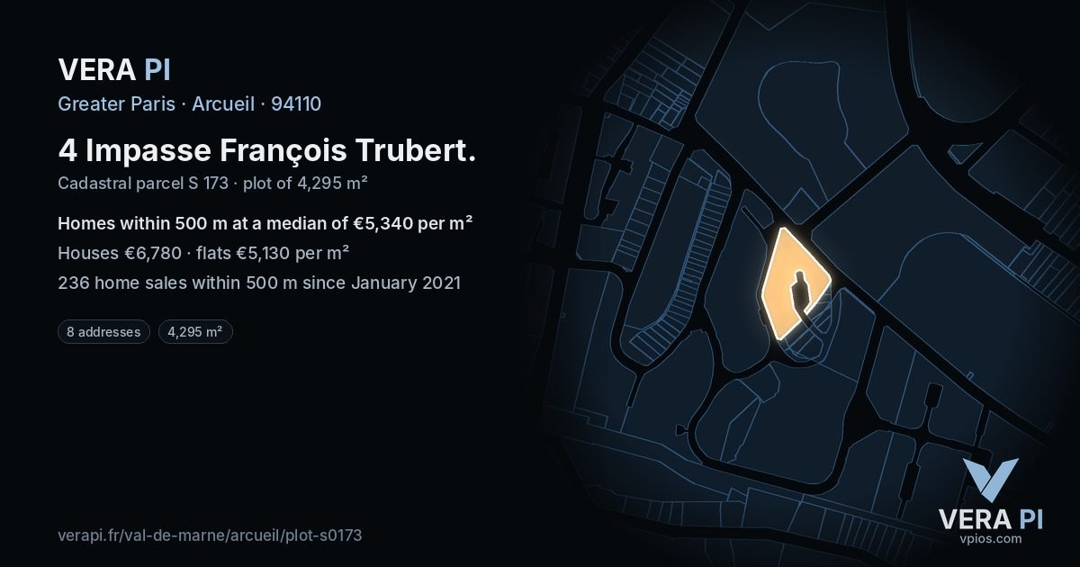 4 Impasse François Trubert, Arcueil at night – the plot lit, the parcels around coloured by the prices near them
