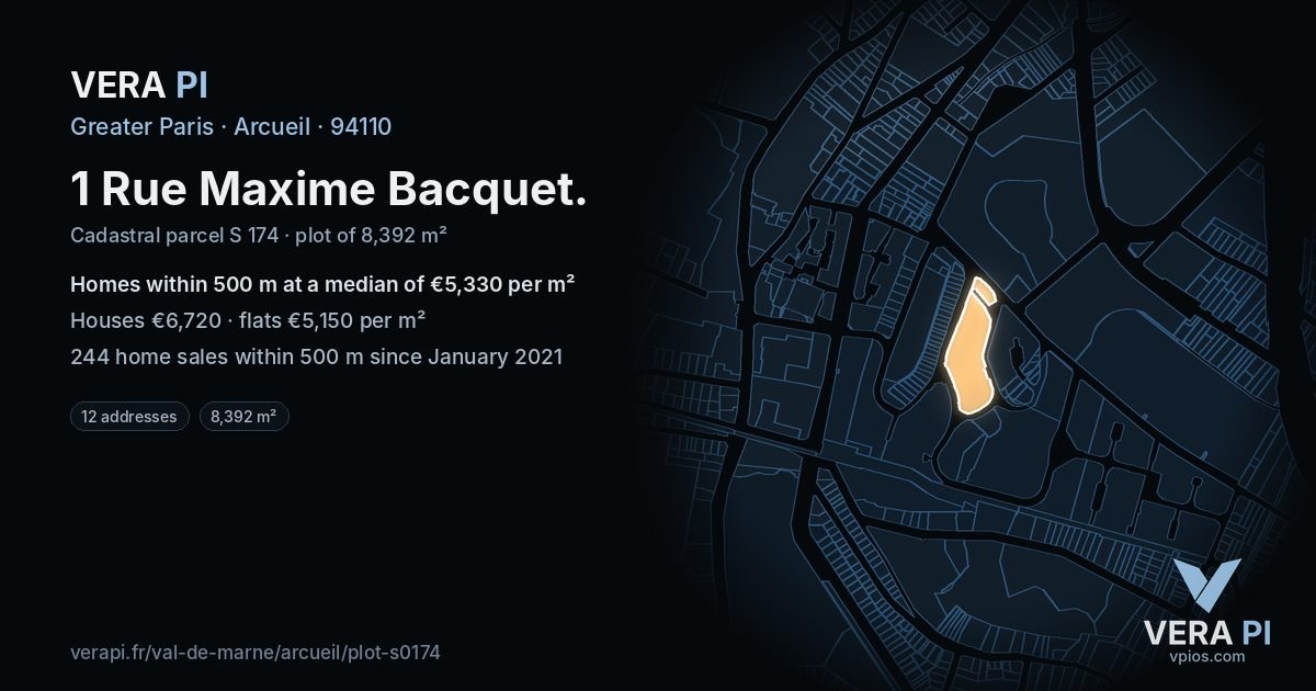 1 Rue Maxime Bacquet, Arcueil at night – the plot lit, the parcels around coloured by the prices near them