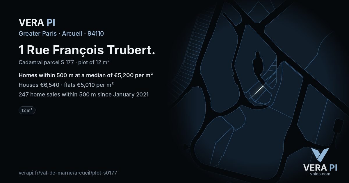 1 Rue François Trubert, Arcueil at night – the plot lit, the parcels around coloured by the prices near them