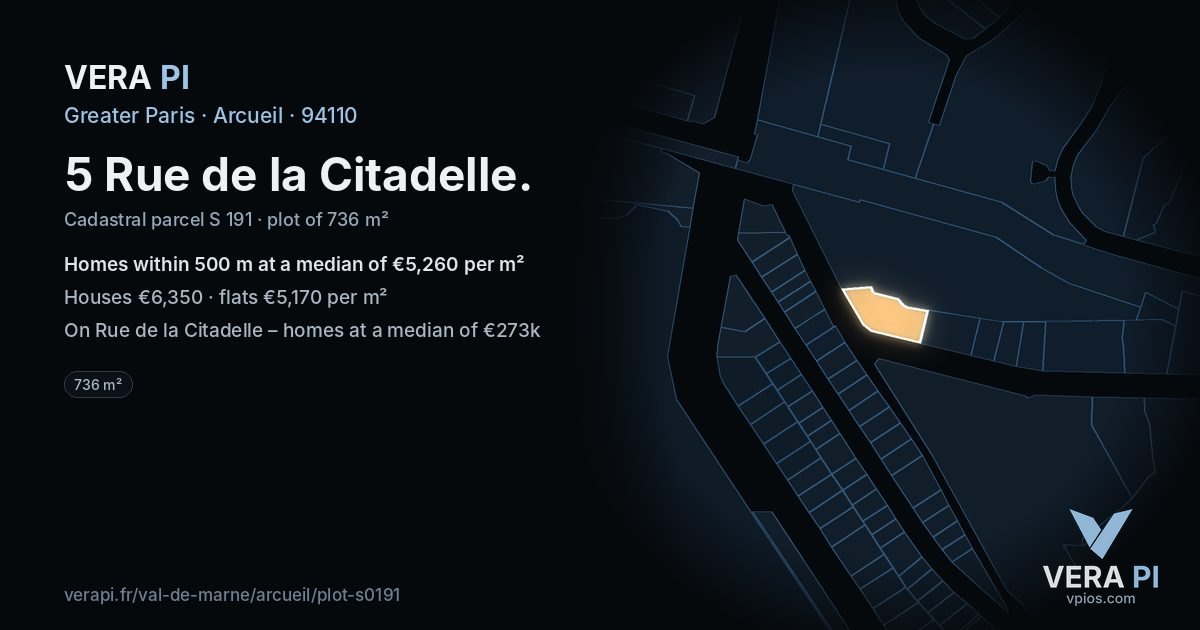 5 Rue de la Citadelle, Arcueil at night – the plot lit, the parcels around coloured by the prices near them