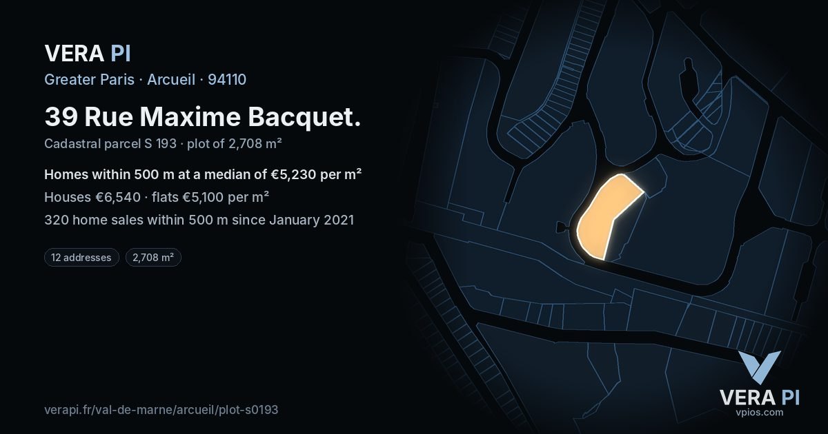 39 Rue Maxime Bacquet, Arcueil at night – the plot lit, the parcels around coloured by the prices near them