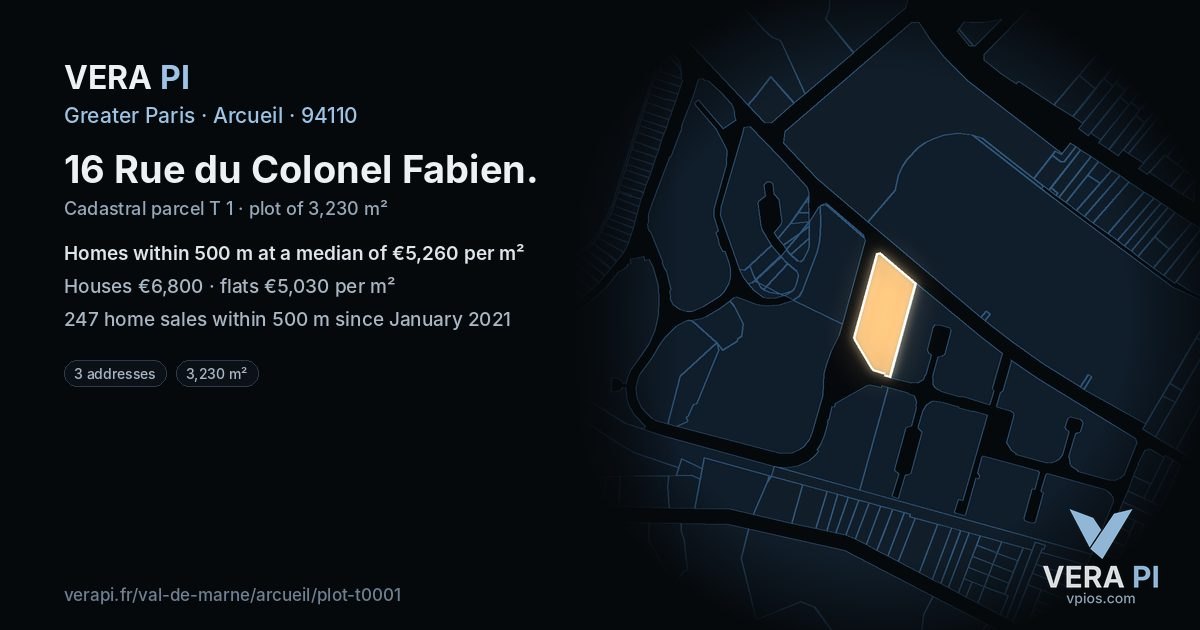 16 Rue du Colonel Fabien, Arcueil at night – the plot lit, the parcels around coloured by the prices near them