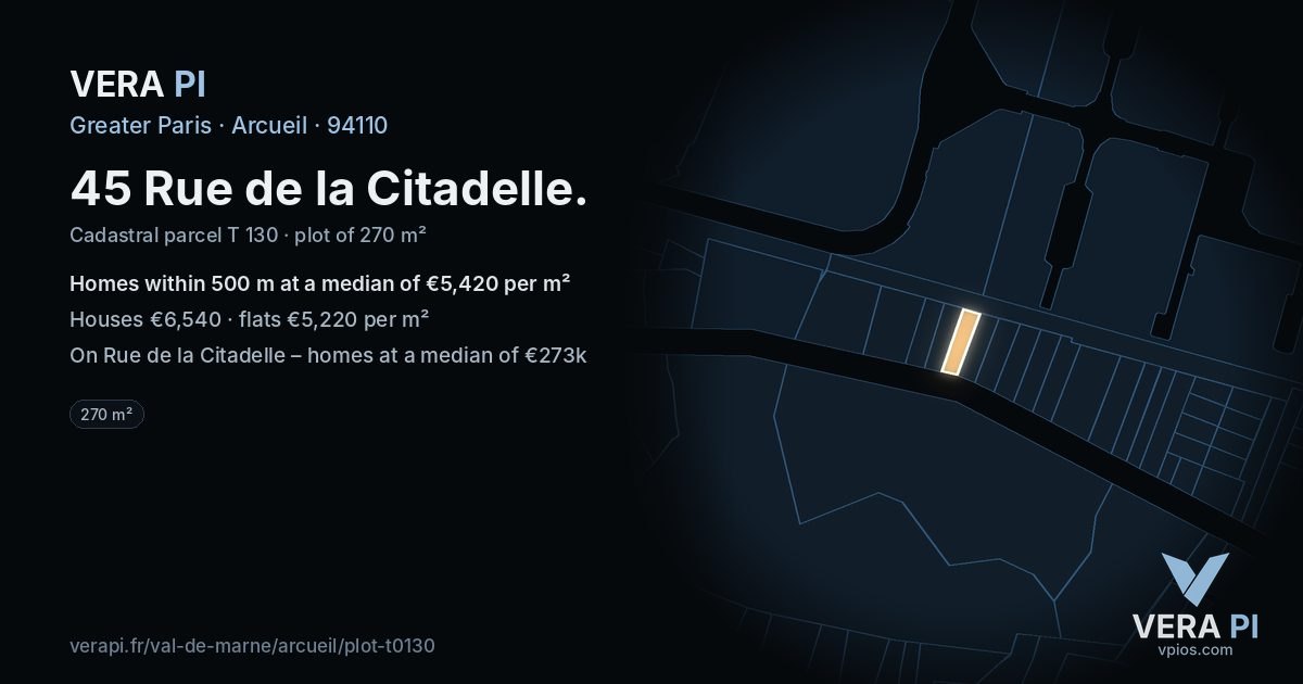 45 Rue de la Citadelle, Arcueil at night – the plot lit, the parcels around coloured by the prices near them
