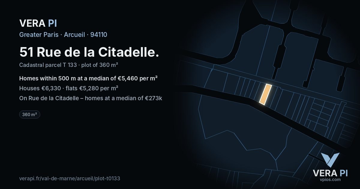 51 Rue de la Citadelle, Arcueil at night – the plot lit, the parcels around coloured by the prices near them