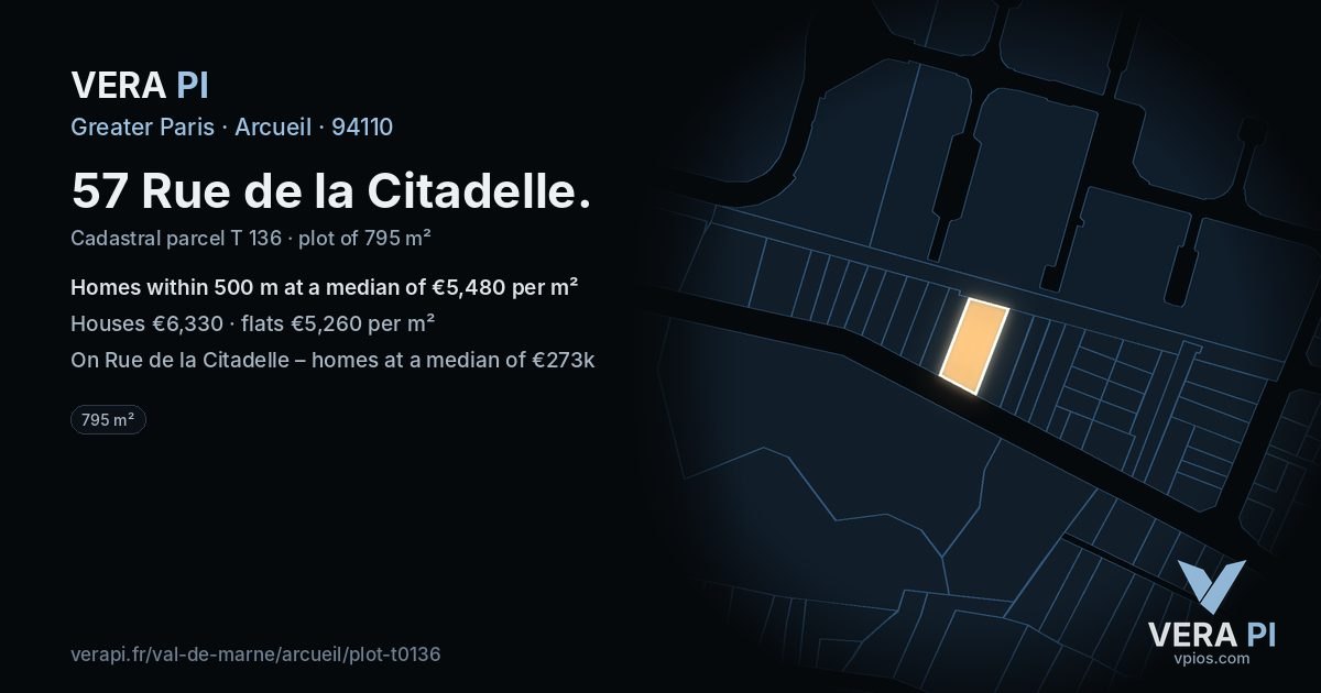 57 Rue de la Citadelle, Arcueil at night – the plot lit, the parcels around coloured by the prices near them