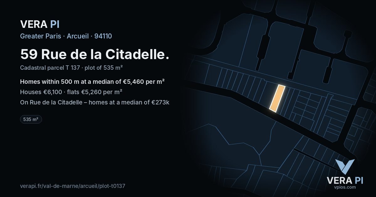 59 Rue de la Citadelle, Arcueil at night – the plot lit, the parcels around coloured by the prices near them