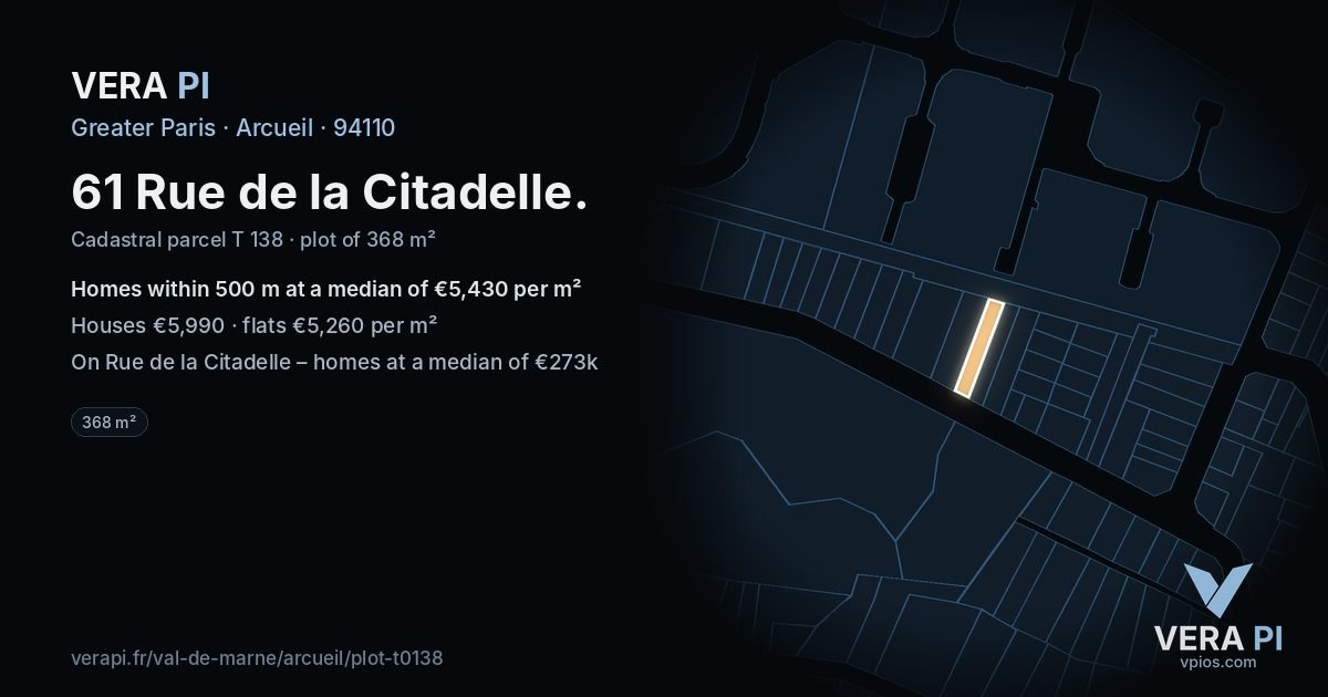 61 Rue de la Citadelle, Arcueil at night – the plot lit, the parcels around coloured by the prices near them