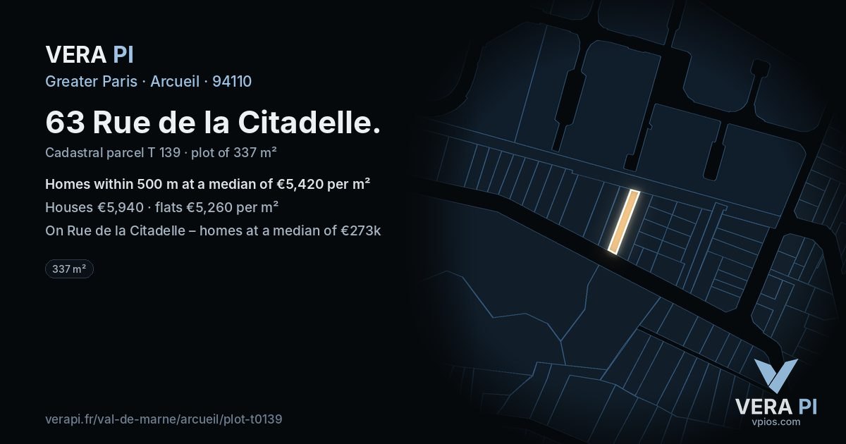 63 Rue de la Citadelle, Arcueil at night – the plot lit, the parcels around coloured by the prices near them