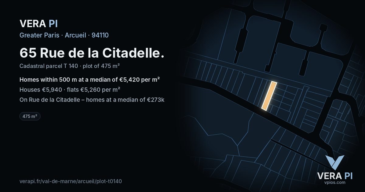 65 Rue de la Citadelle, Arcueil at night – the plot lit, the parcels around coloured by the prices near them