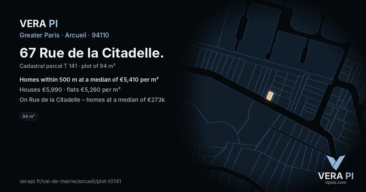 67 Rue de la Citadelle, Arcueil at night – the plot lit, the parcels around coloured by the prices near them
