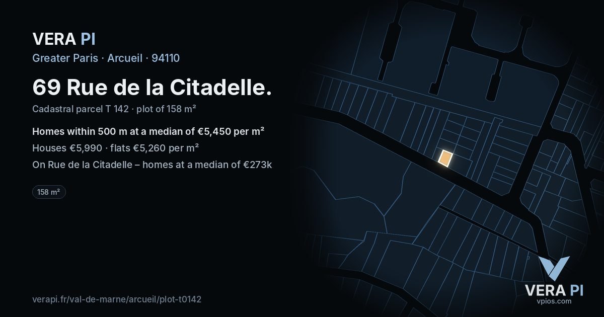 69 Rue de la Citadelle, Arcueil at night – the plot lit, the parcels around coloured by the prices near them