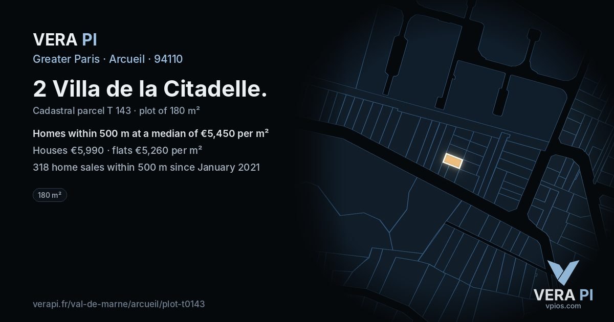 2 Villa de la Citadelle, Arcueil at night – the plot lit, the parcels around coloured by the prices near them