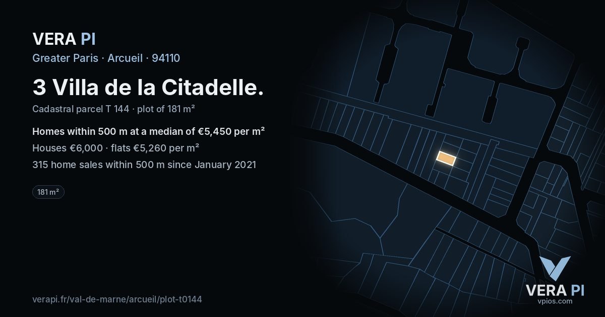 3 Villa de la Citadelle, Arcueil at night – the plot lit, the parcels around coloured by the prices near them