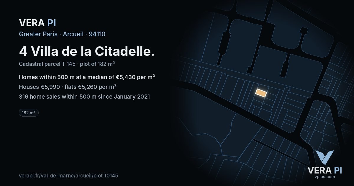 4 Villa de la Citadelle, Arcueil at night – the plot lit, the parcels around coloured by the prices near them