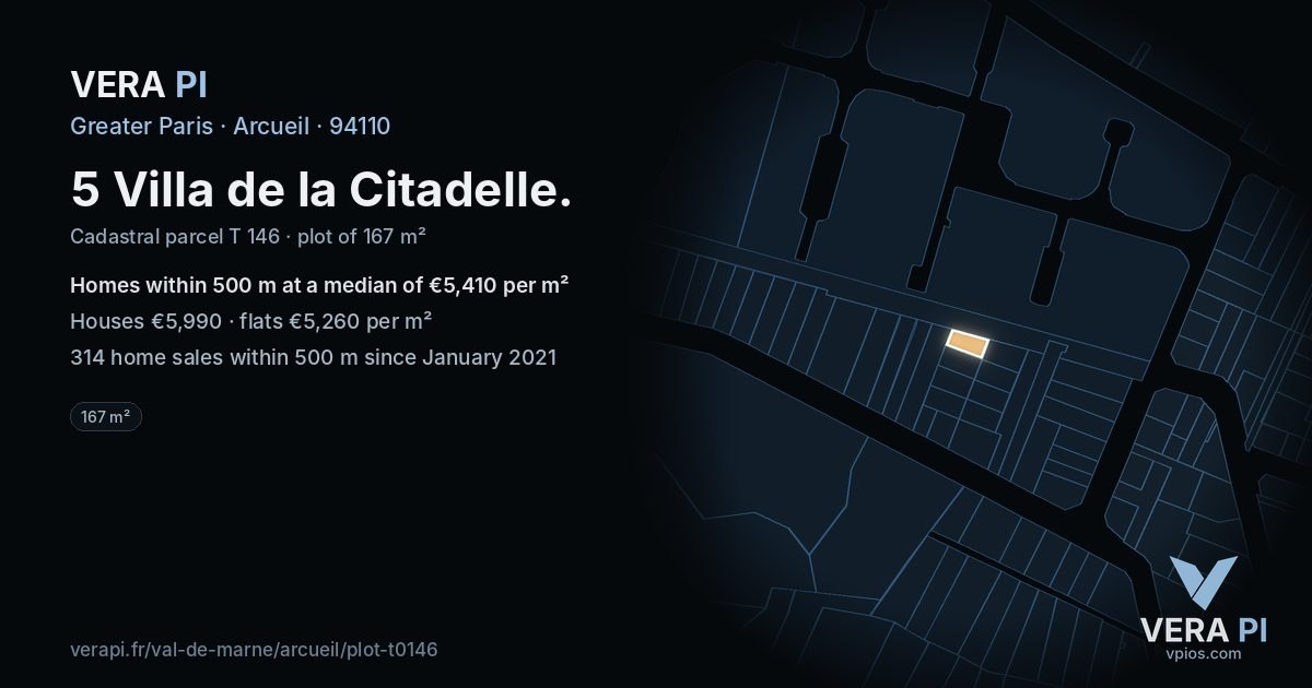 5 Villa de la Citadelle, Arcueil at night – the plot lit, the parcels around coloured by the prices near them