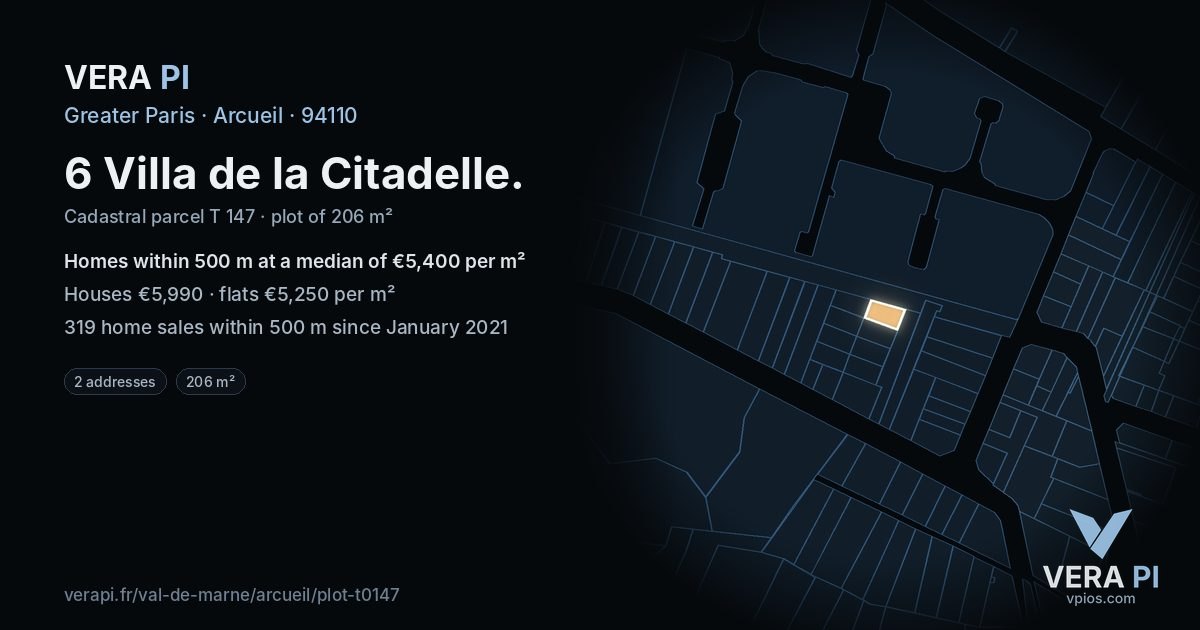 6 Villa de la Citadelle, Arcueil at night – the plot lit, the parcels around coloured by the prices near them