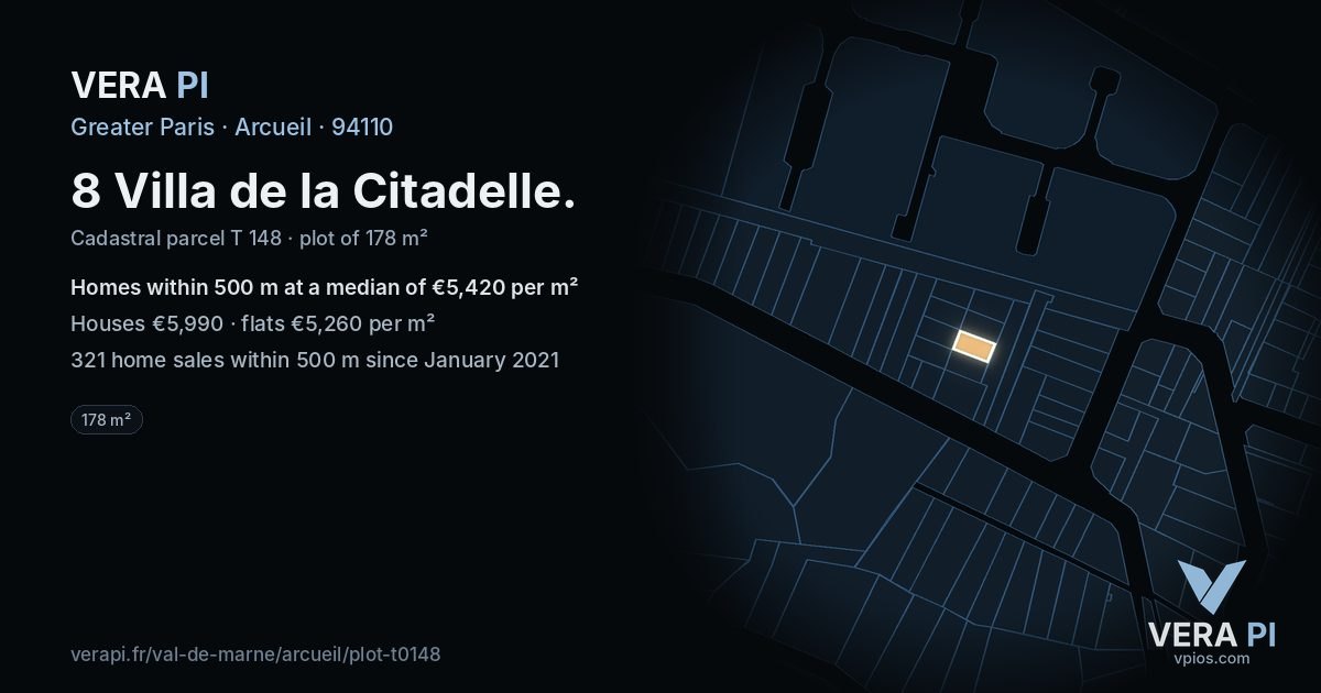 8 Villa de la Citadelle, Arcueil at night – the plot lit, the parcels around coloured by the prices near them
