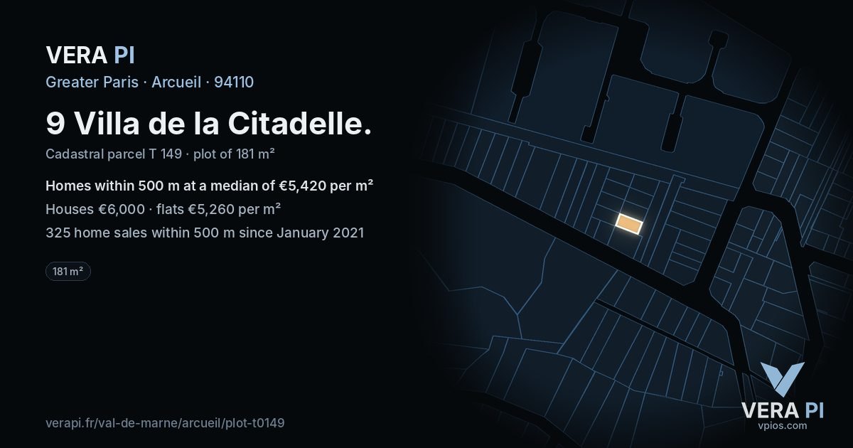 9 Villa de la Citadelle, Arcueil at night – the plot lit, the parcels around coloured by the prices near them
