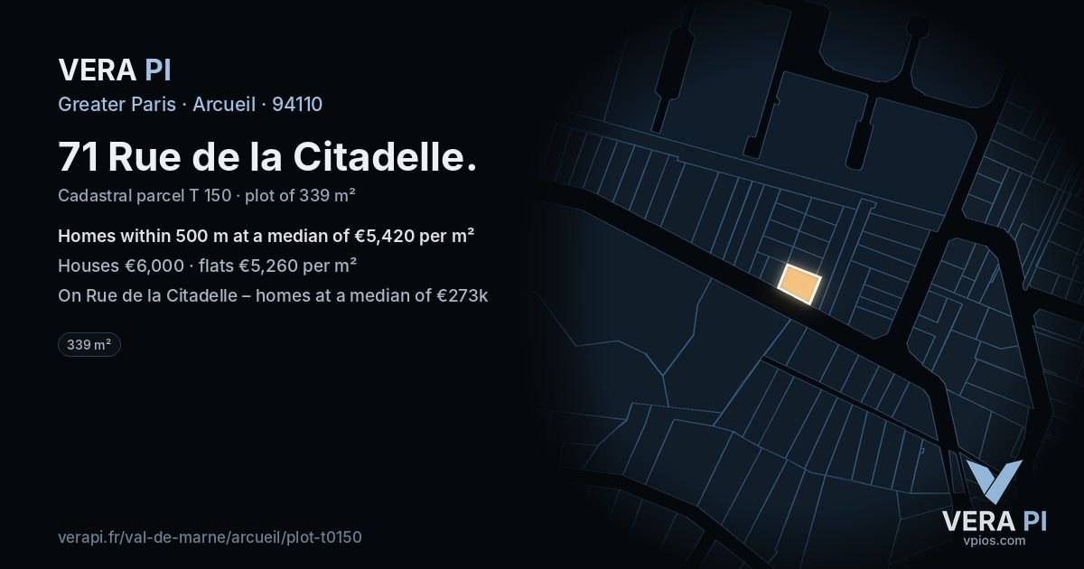 71 Rue de la Citadelle, Arcueil at night – the plot lit, the parcels around coloured by the prices near them