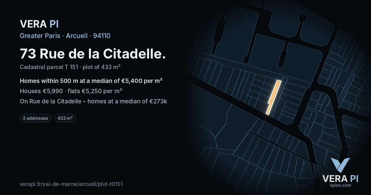 73 Rue de la Citadelle, Arcueil at night – the plot lit, the parcels around coloured by the prices near them