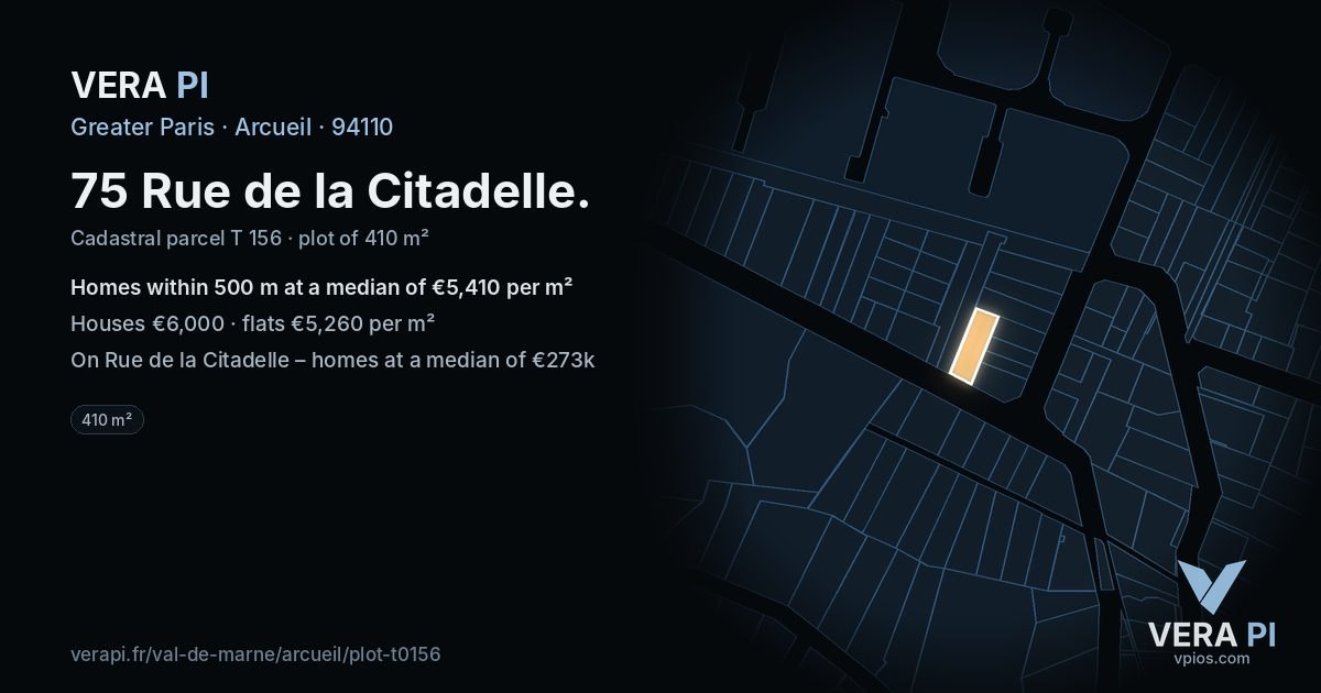 75 Rue de la Citadelle, Arcueil at night – the plot lit, the parcels around coloured by the prices near them