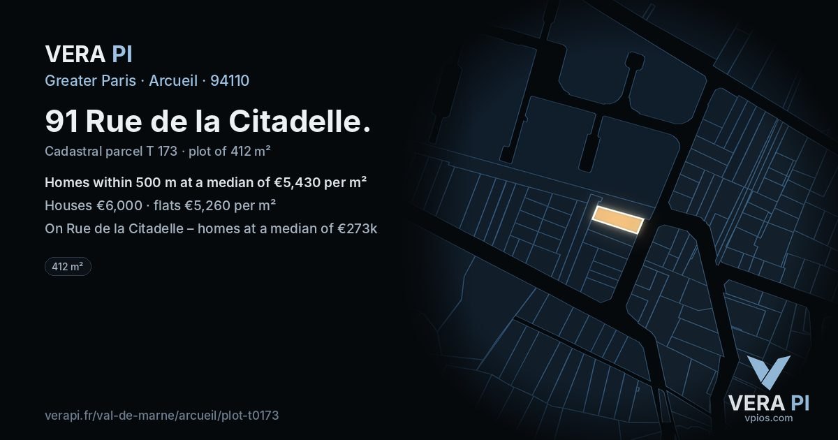 91 Rue de la Citadelle, Arcueil at night – the plot lit, the parcels around coloured by the prices near them
