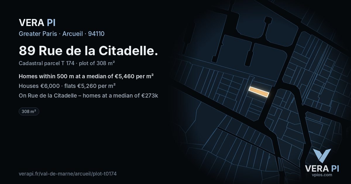 89 Rue de la Citadelle, Arcueil at night – the plot lit, the parcels around coloured by the prices near them