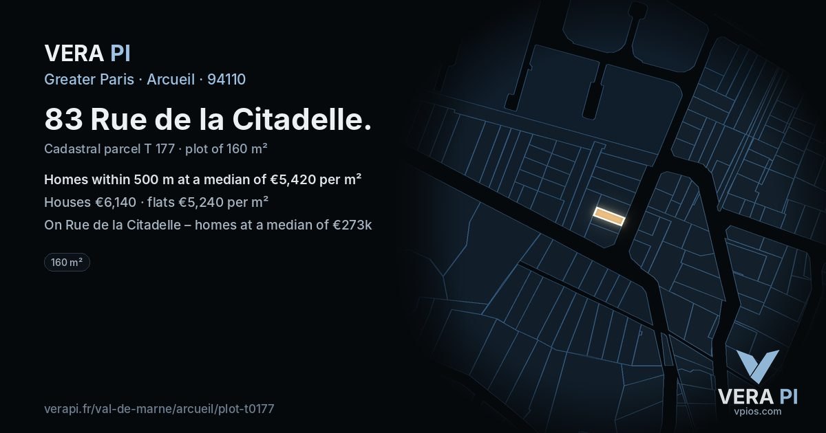83 Rue de la Citadelle, Arcueil at night – the plot lit, the parcels around coloured by the prices near them