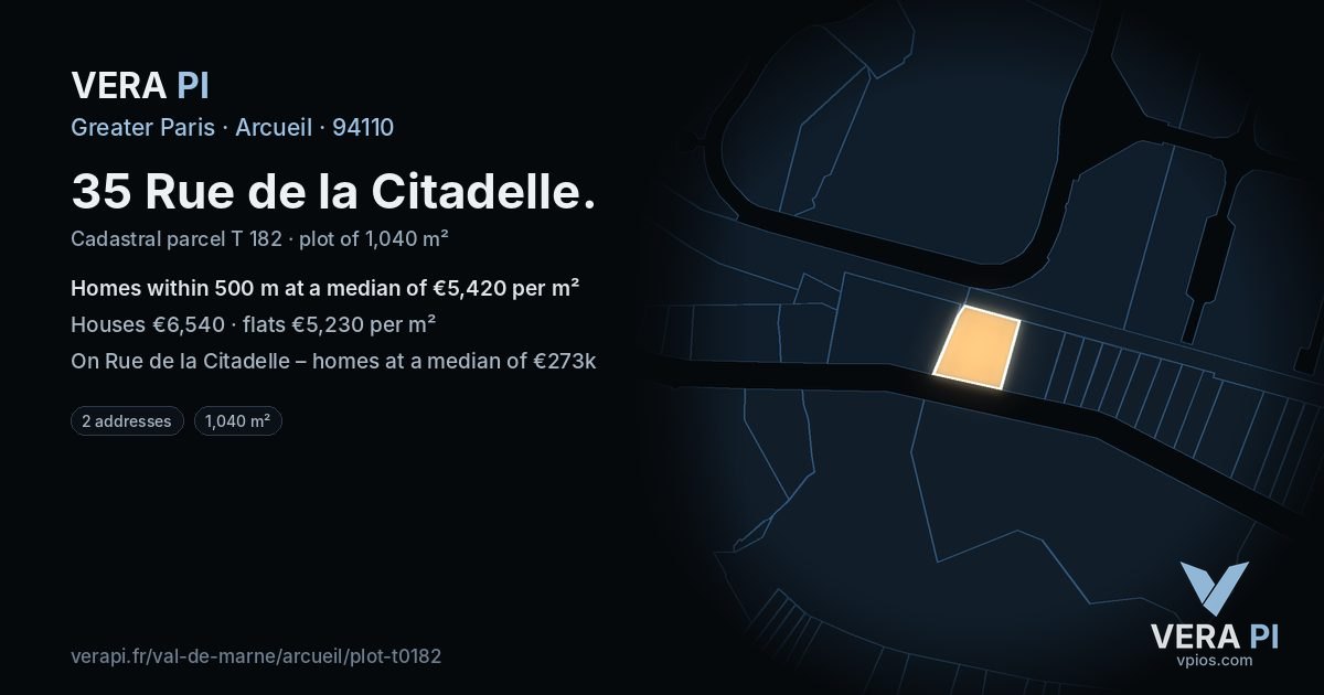 35 Rue de la Citadelle, Arcueil at night – the plot lit, the parcels around coloured by the prices near them