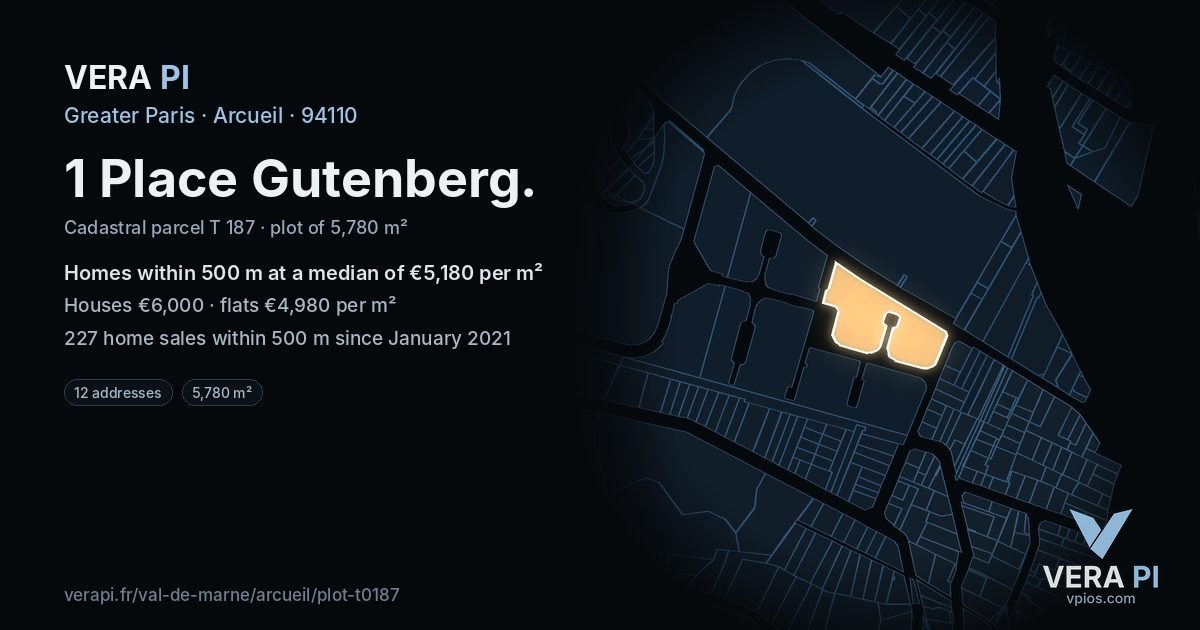 1 Place Gutenberg, Arcueil at night – the plot lit, the parcels around coloured by the prices near them