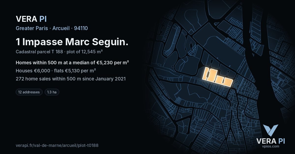 1 Impasse Marc Seguin, Arcueil at night – the plot lit, the parcels around coloured by the prices near them