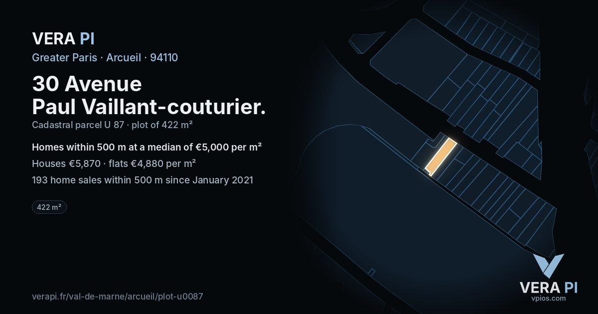30 Avenue Paul Vaillant-couturier, Arcueil at night – the plot lit, the parcels around coloured by the prices near them