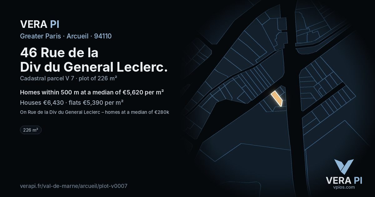 46 Rue de la Div du General Leclerc, Arcueil at night – the plot lit, the parcels around coloured by the prices near them