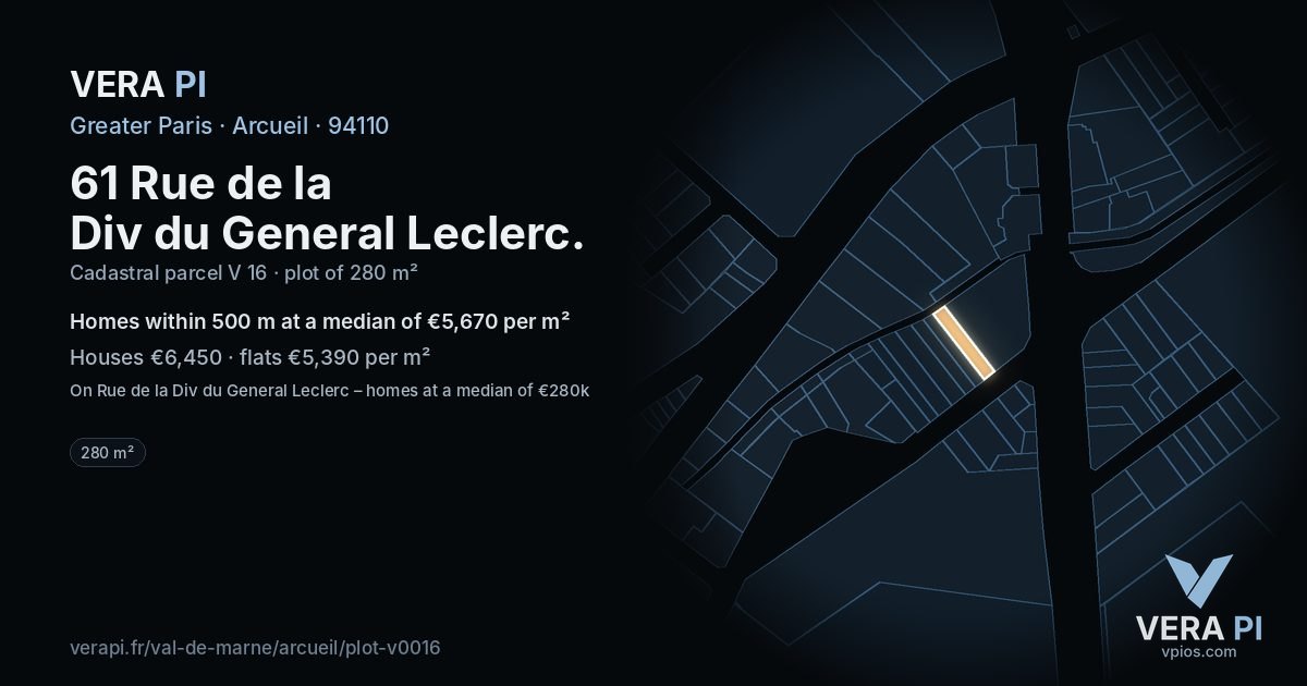 61 Rue de la Div du General Leclerc, Arcueil at night – the plot lit, the parcels around coloured by the prices near them