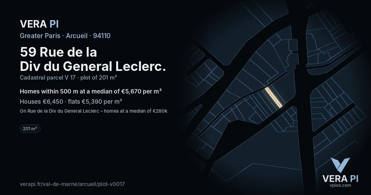 59 Rue de la Div du General Leclerc, Arcueil at night – the plot lit, the parcels around coloured by the prices near them