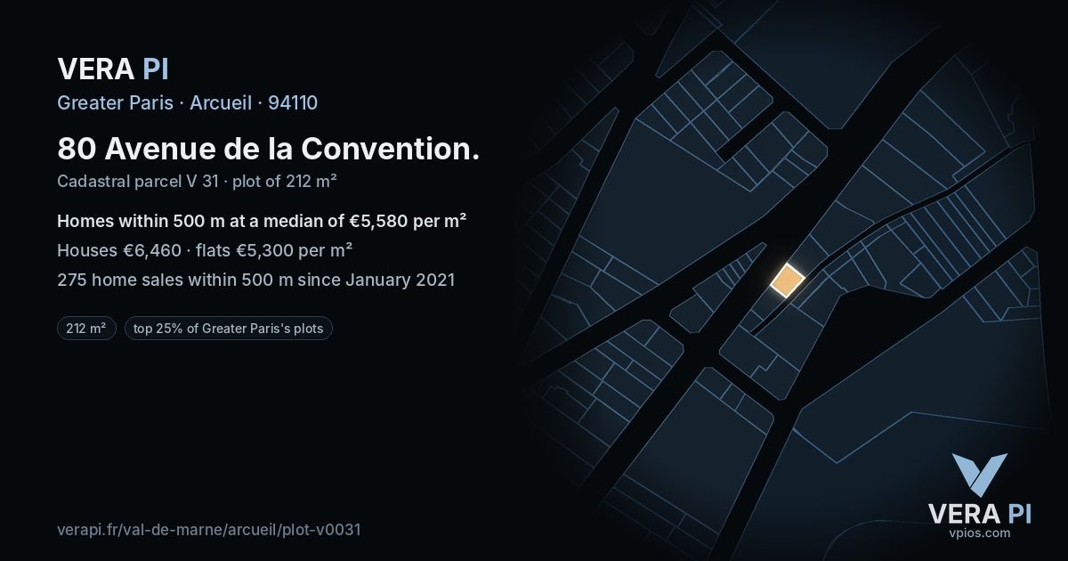 80 Avenue de la Convention, Arcueil at night – the plot lit, the parcels around coloured by the prices near them