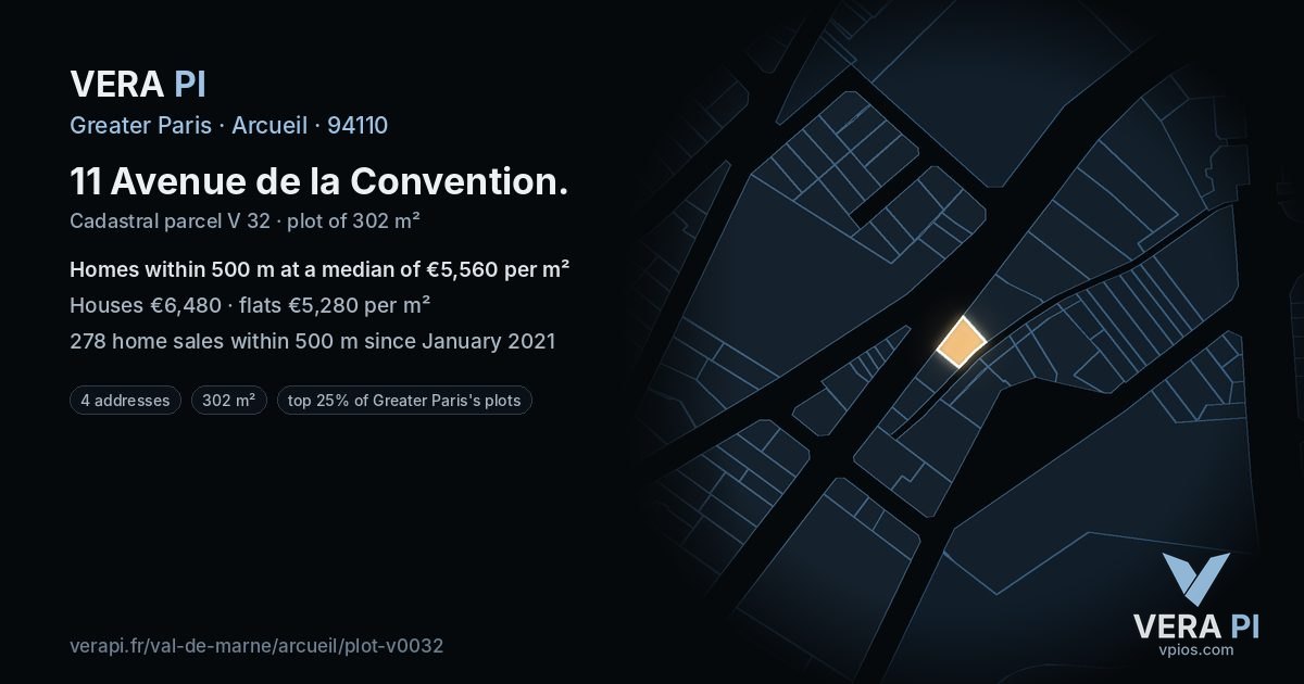 11 Avenue de la Convention, Arcueil at night – the plot lit, the parcels around coloured by the prices near them
