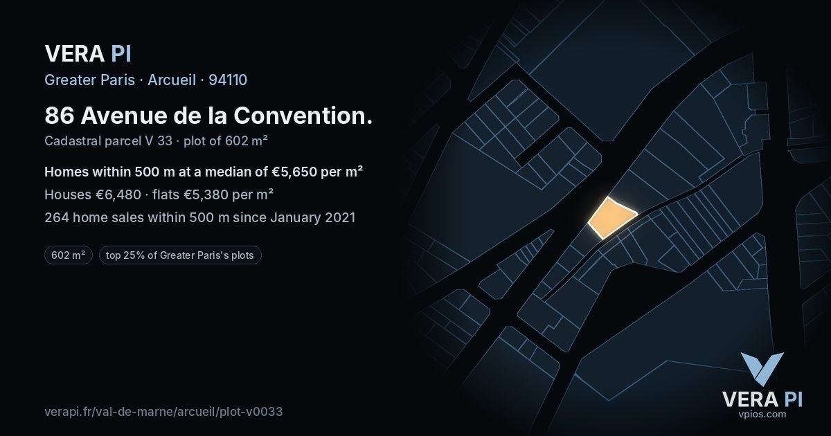 86 Avenue de la Convention, Arcueil at night – the plot lit, the parcels around coloured by the prices near them