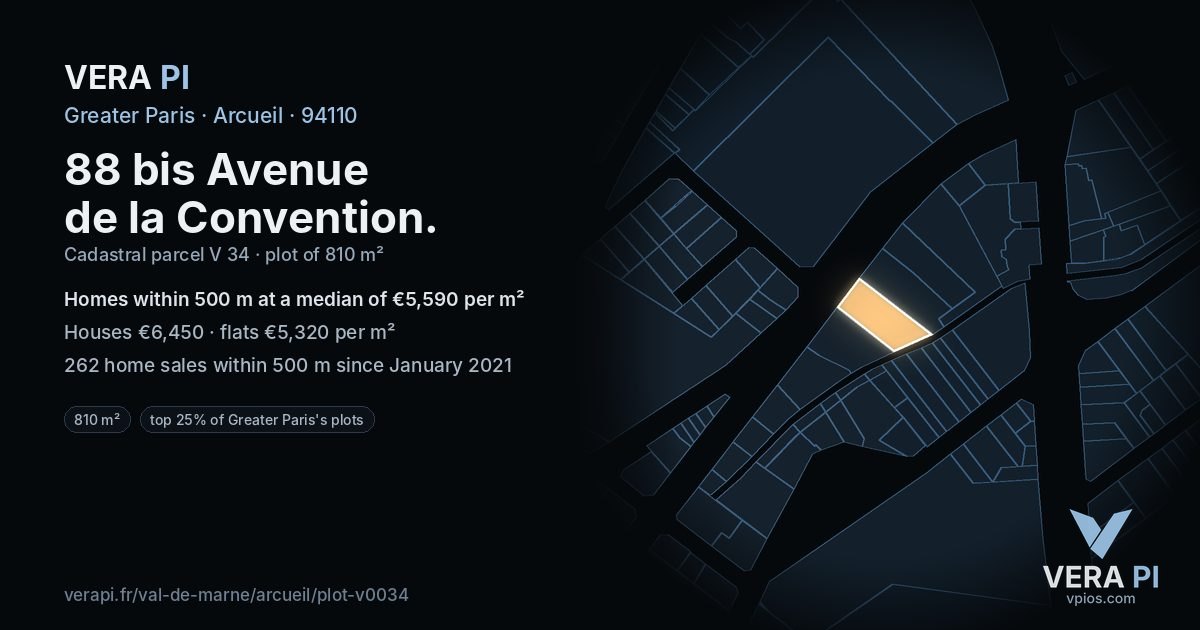 88 bis Avenue de la Convention, Arcueil at night – the plot lit, the parcels around coloured by the prices near them